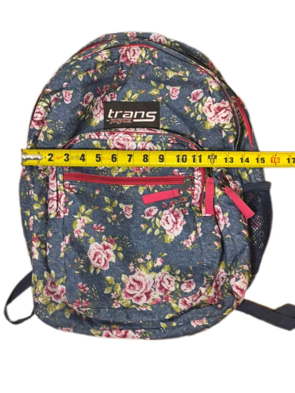 JanSport Trans Floral Denim Backpack Pink Roses School Bag EUC